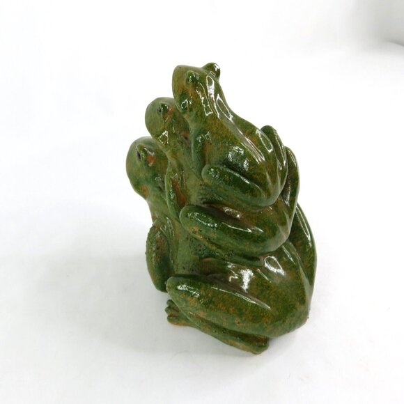 Frog Figurine 3 Stacked Green Frogs  Glazed Realistic 6" x 6" Toad - Picture 7 of 11